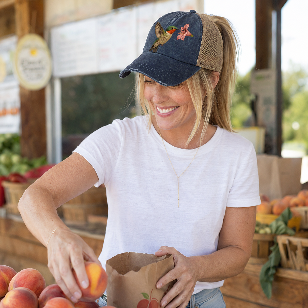 Sarah Jean wearing the Navy Khaki Hummingbird Haven ponytail trucker hat at a farm stand