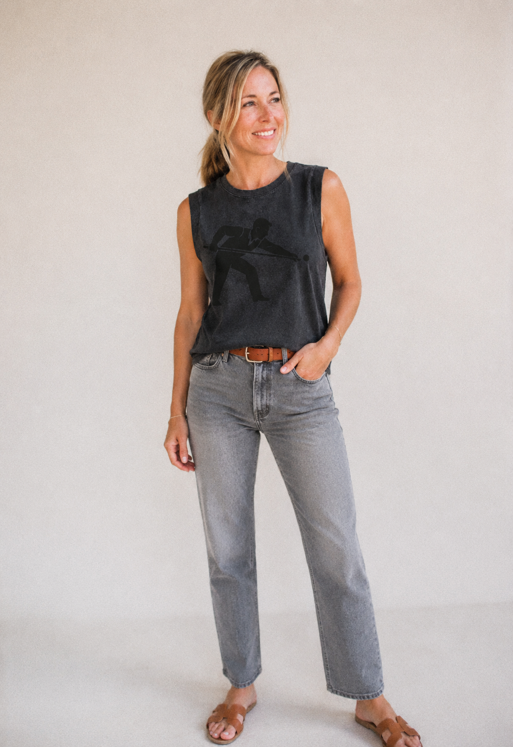 Pool Player Lining Up Shot Vintage Washed Tank – studio model photo