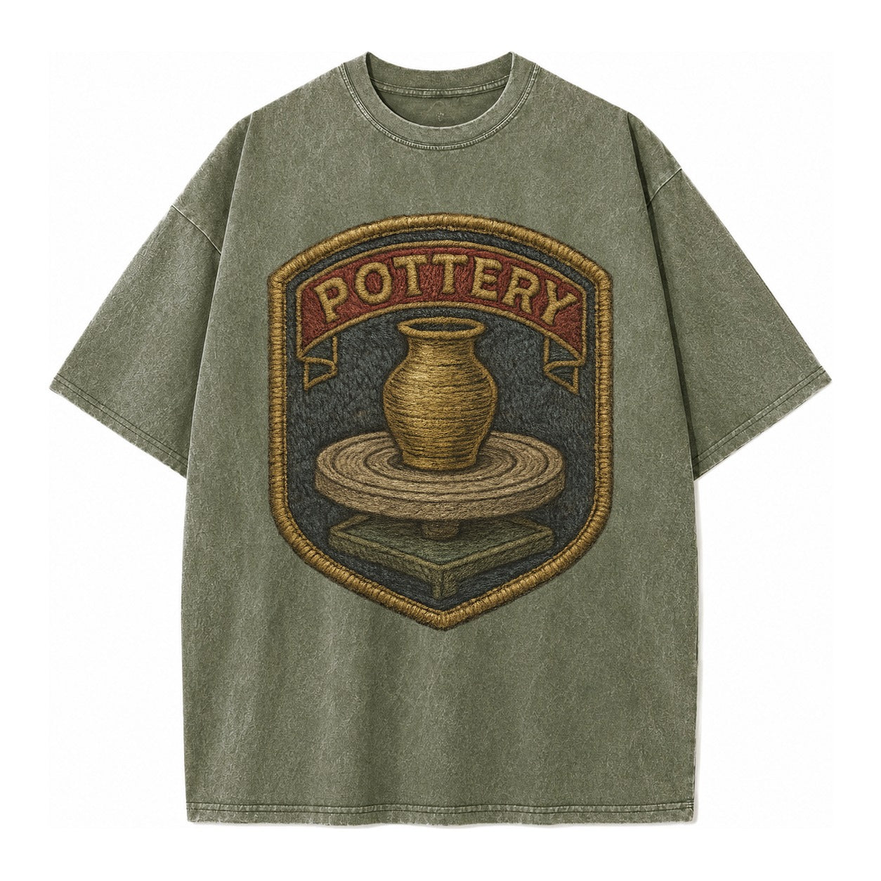 Pottery wheel with clay vessel - ceramicist symbol - Vintage T-shirt – Army Green