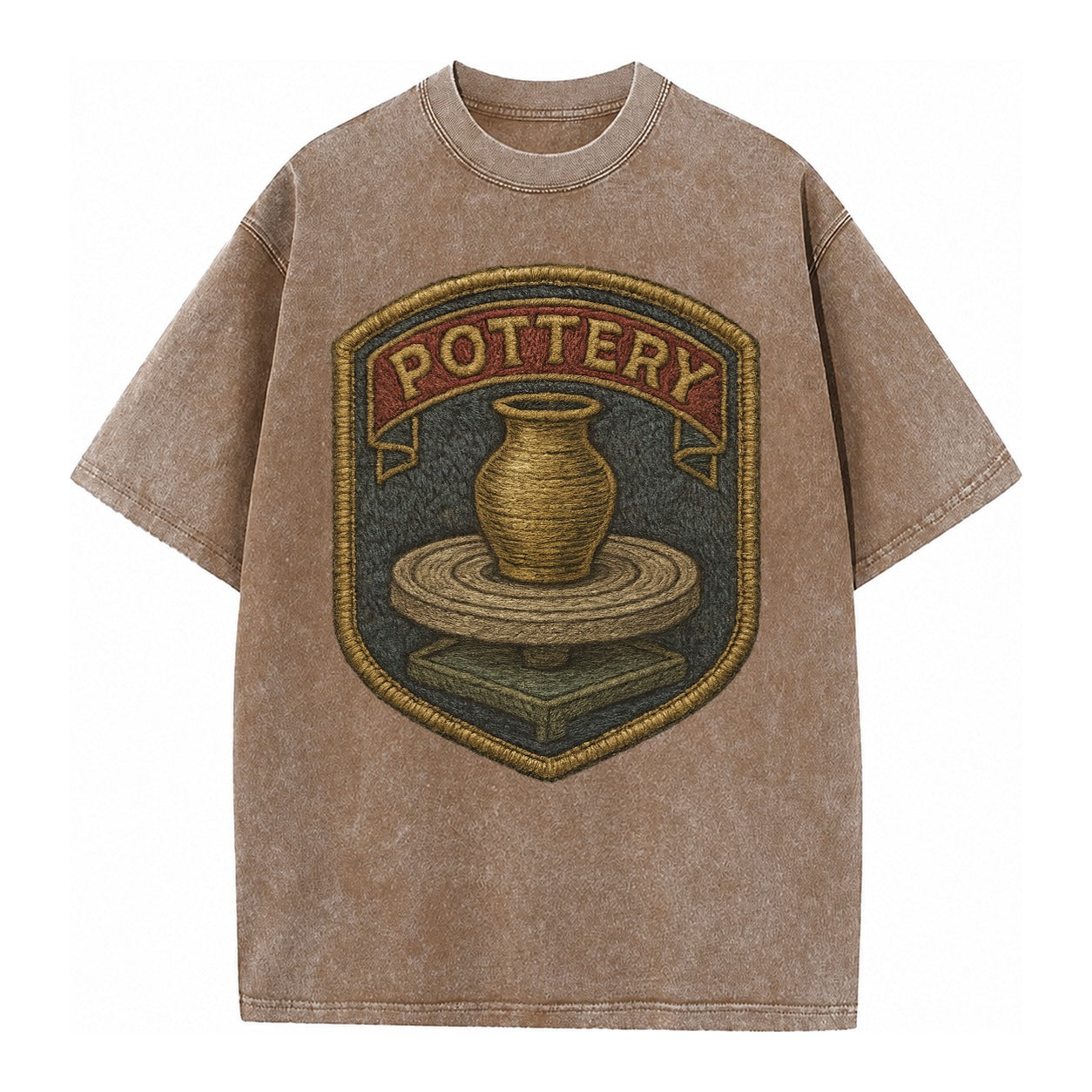 Pottery wheel with clay vessel - ceramicist symbol - Vintage T-shirt – Brown
