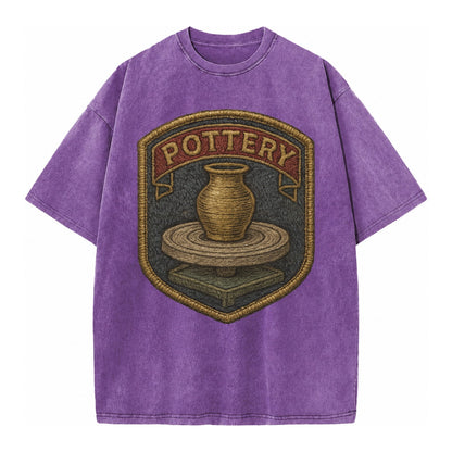 Pottery wheel with clay vessel - ceramicist symbol - Vintage T-shirt – Purple