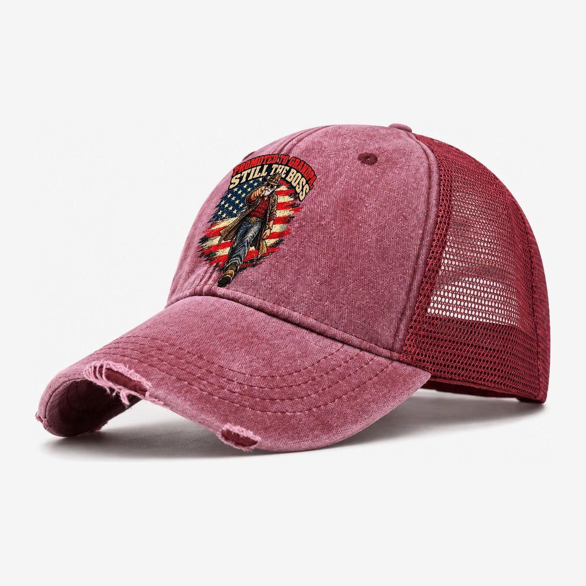 Promoted To Grandpa Still The Boss Old Man Strong Washed Trucker Hat – Wine Red