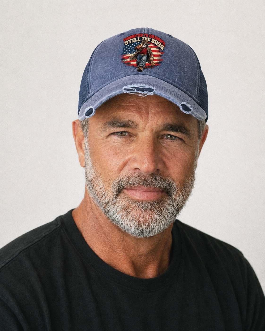 Promoted To Grandpa Still The Boss Old Man Strong Washed Trucker Hat – studio model photo