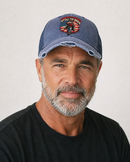 Promoted To Grandpa Still The Boss Old Man Strong Washed Trucker Hat – studio model photo