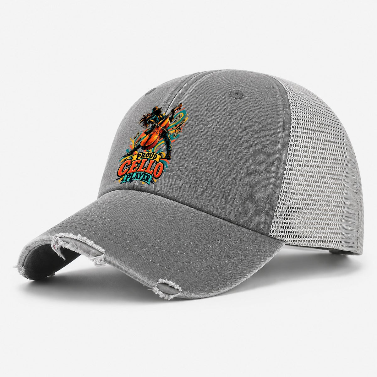 Proud Cello Player Music Instruments Washed Trucker Hat – Grey