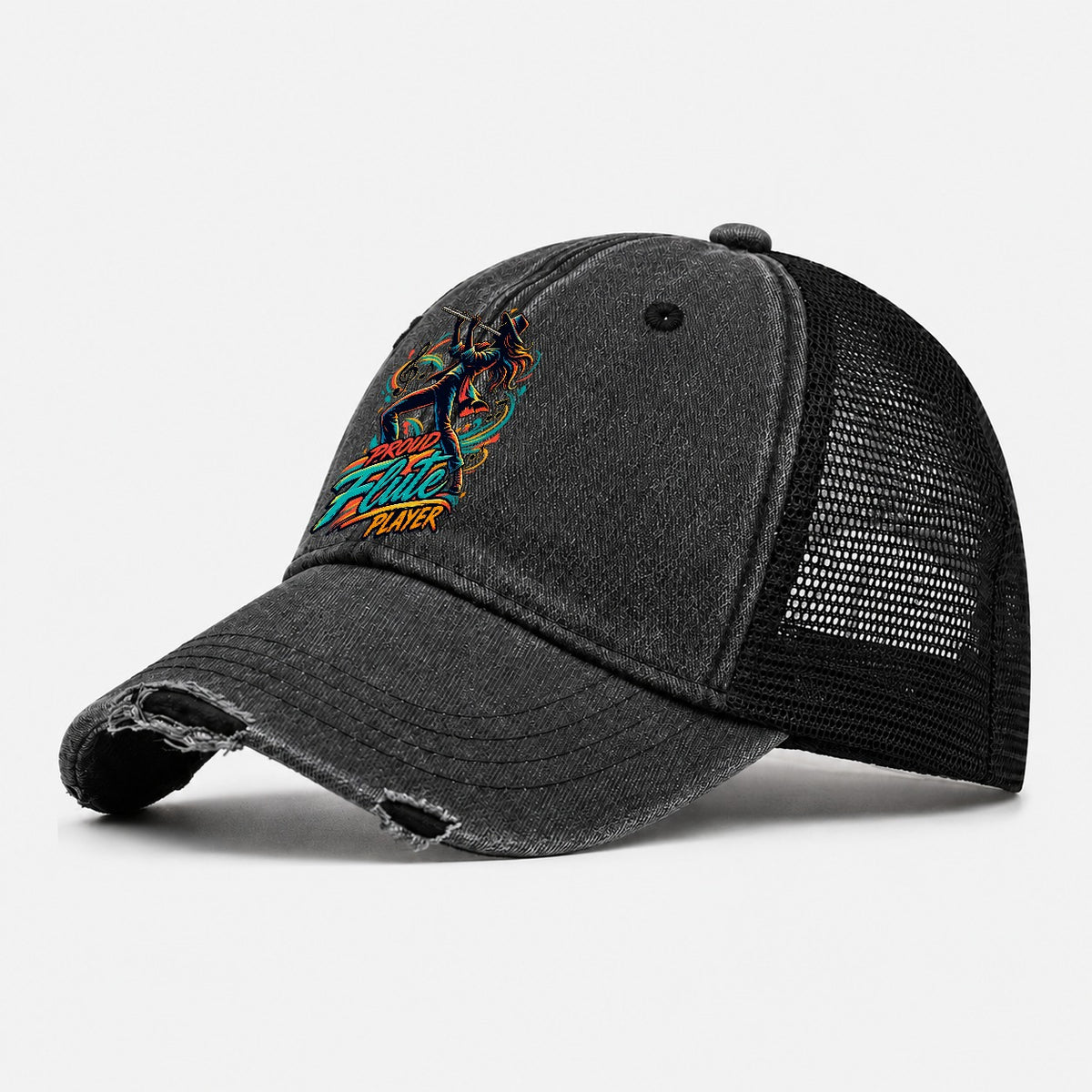 Proud Flute Player Music Instruments Washed Trucker Hat – Black
