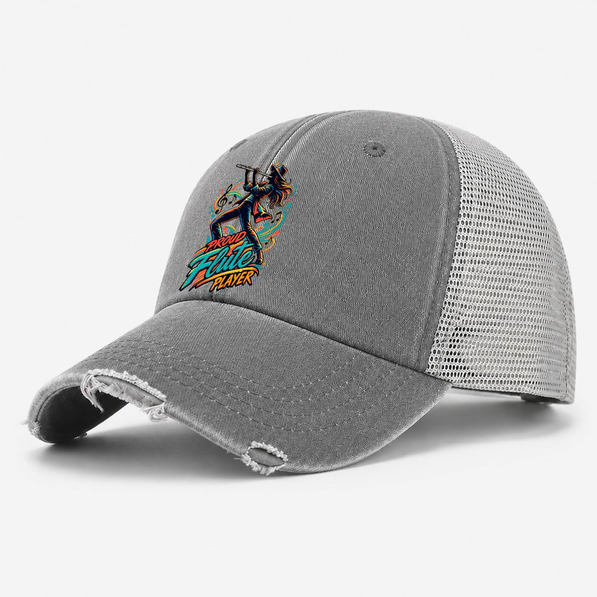 Proud Flute Player Music Instruments Washed Trucker Hat – Grey