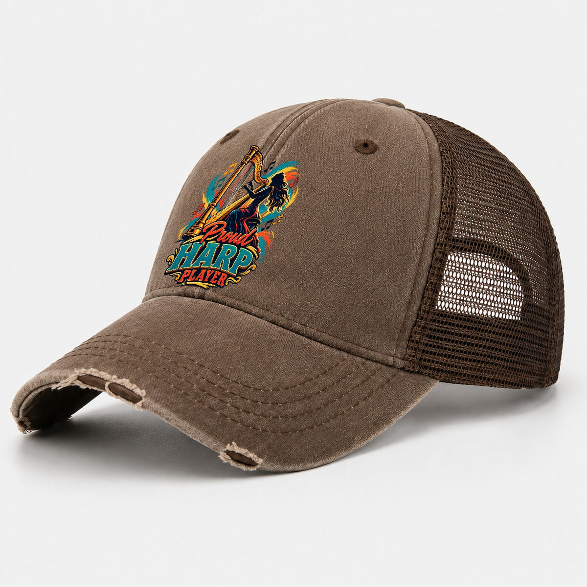 Proud Harp Player Music Instruments Washed Trucker Hat – Coffee