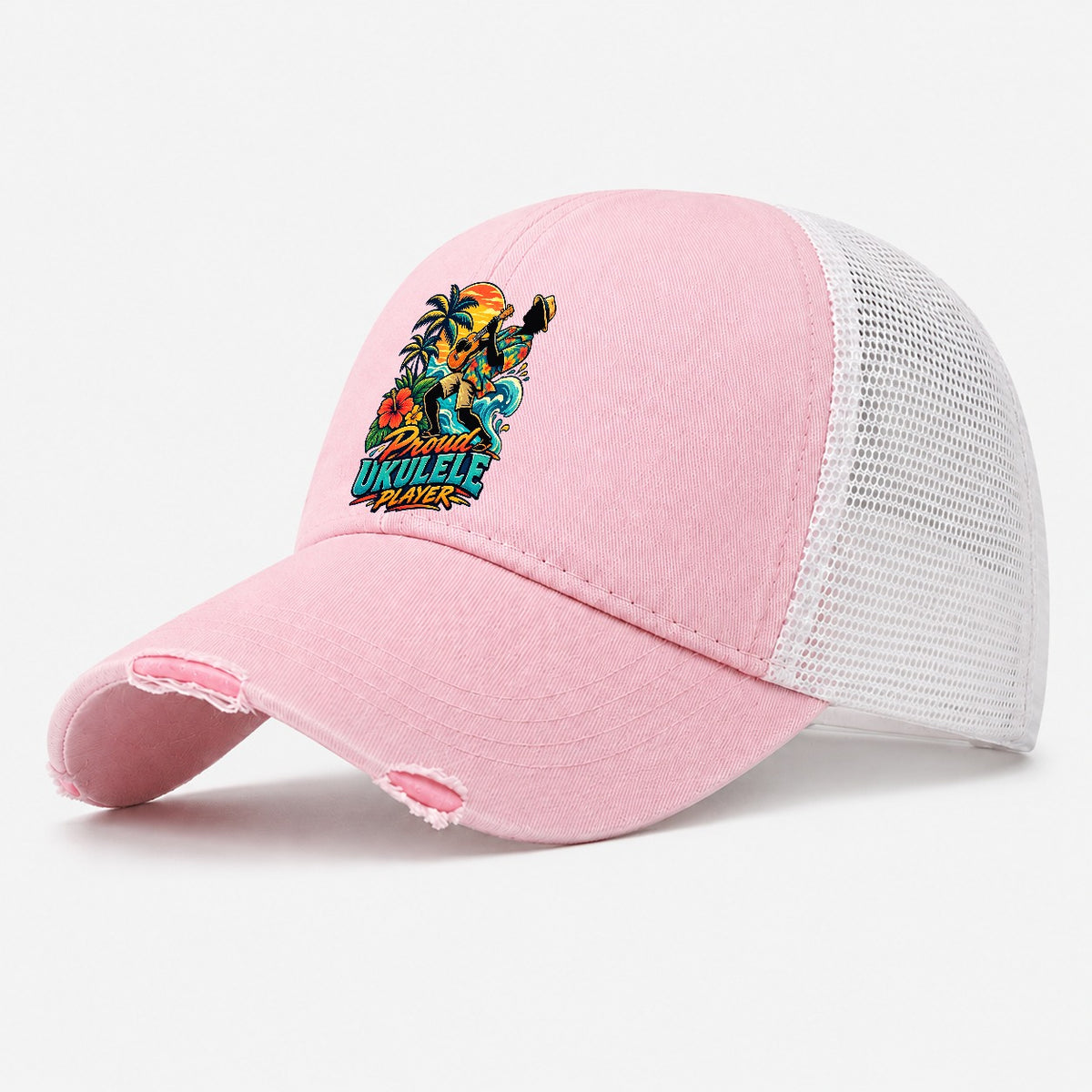Proud Ukulele Player Music Instruments Washed Trucker Hat – Light Pink