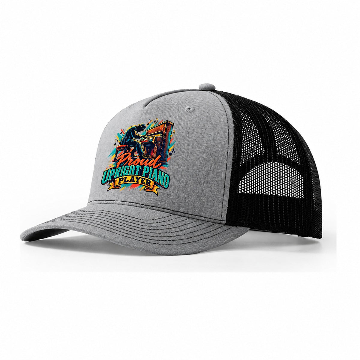 Proud Upright Piano Player Music Instruments Trucker Hat – Sport Grey Black