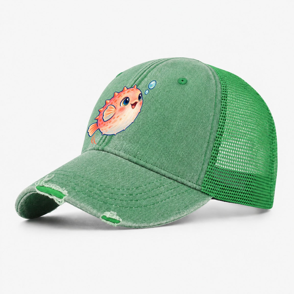 Pufferfish Bubble Bounce Sea Sprite Washed Trucker Hat – Ink Green