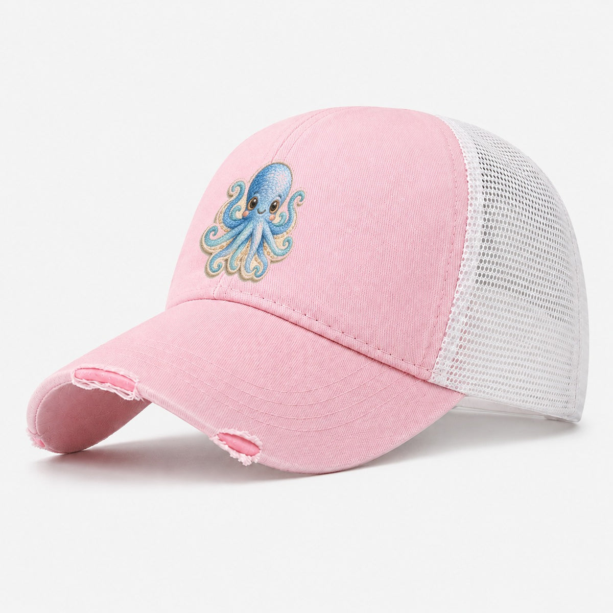 Pufferfish Puff Hello Sea Sprite Washed Trucker Hat – Light Pink