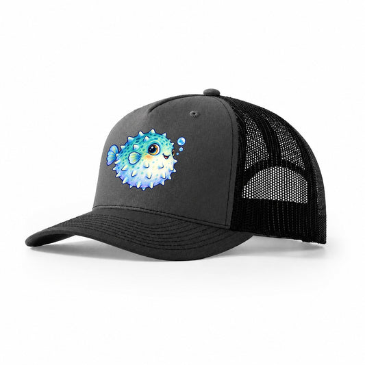 Pufferfish Side Puff Sea Sprite Trucker Hat – Dark Grey Black