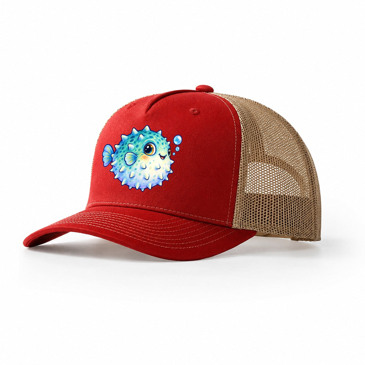 Pufferfish Side Puff Sea Sprite Trucker Hat – Red Khaki