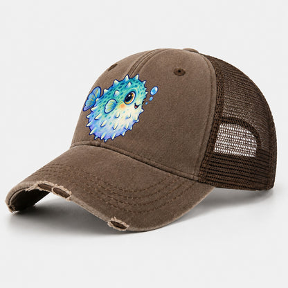 Pufferfish Side Puff Sea Sprite Washed Trucker Hat – Coffee