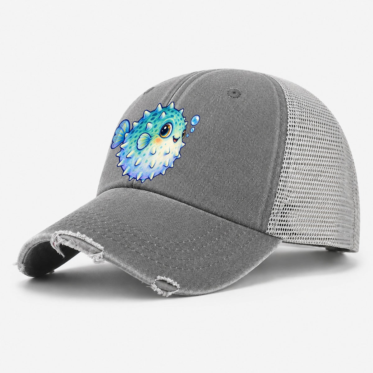 Pufferfish Side Puff Sea Sprite Washed Trucker Hat – Grey