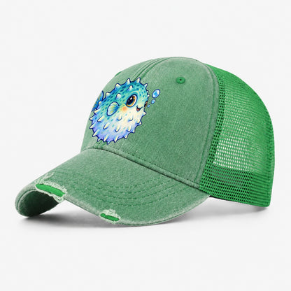 Pufferfish Side Puff Sea Sprite Washed Trucker Hat – Ink Green