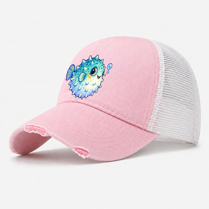 Pufferfish Side Puff Sea Sprite Washed Trucker Hat – Light Pink