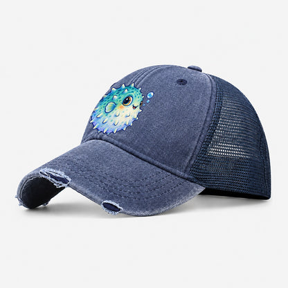 Pufferfish Side Puff Sea Sprite Washed Trucker Hat – Navy