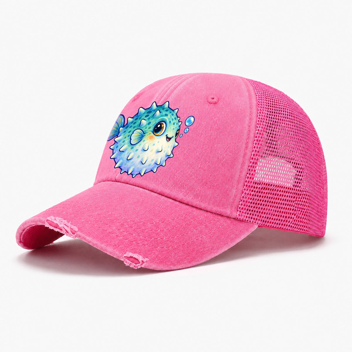 Pufferfish Side Puff Sea Sprite Washed Trucker Hat – Rose