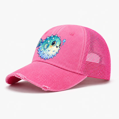 Pufferfish Side Puff Sea Sprite Washed Trucker Hat – Rose