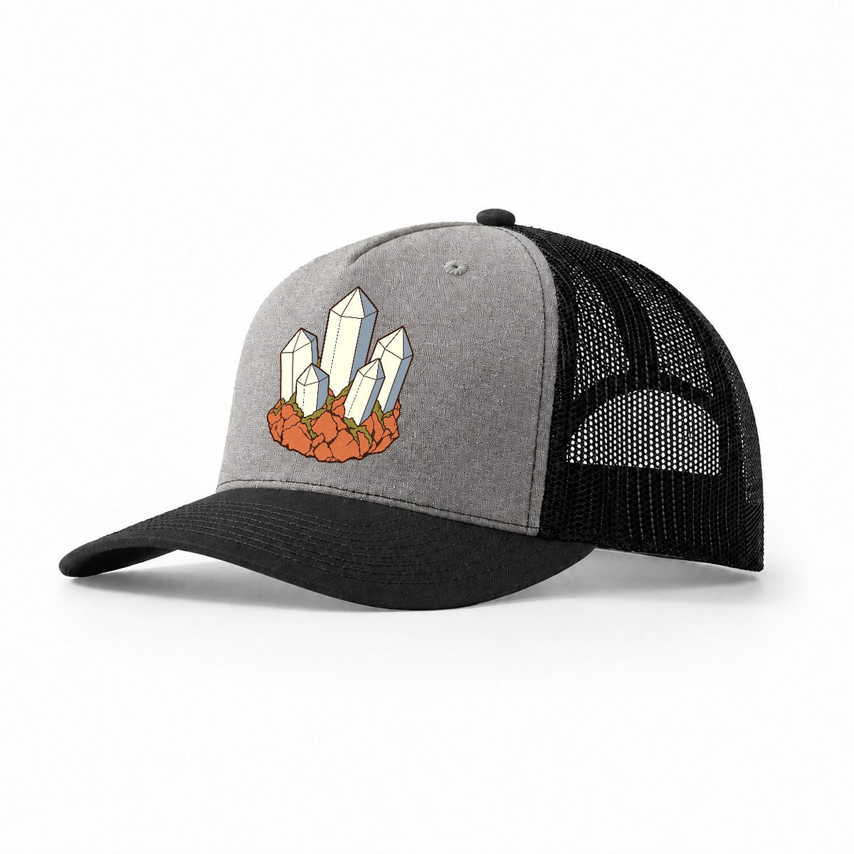 Quartz Cluster Study Rocks And Minerals Trucker Hat – Grey Black