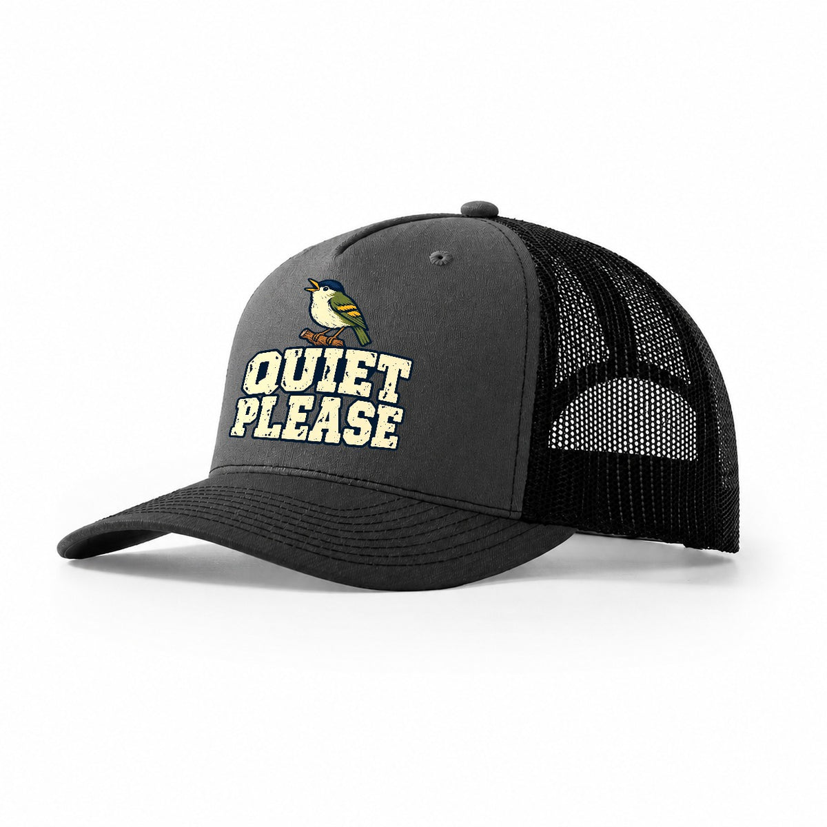 Quiet Please Birdwatching Trucker Hat – Dark Grey Black