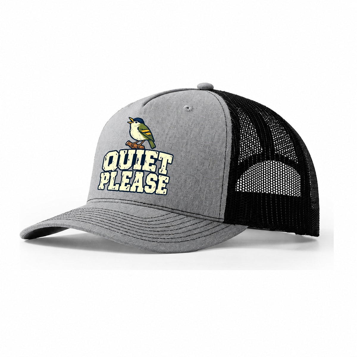 Quiet Please Birdwatching Trucker Hat – Sport Grey Black