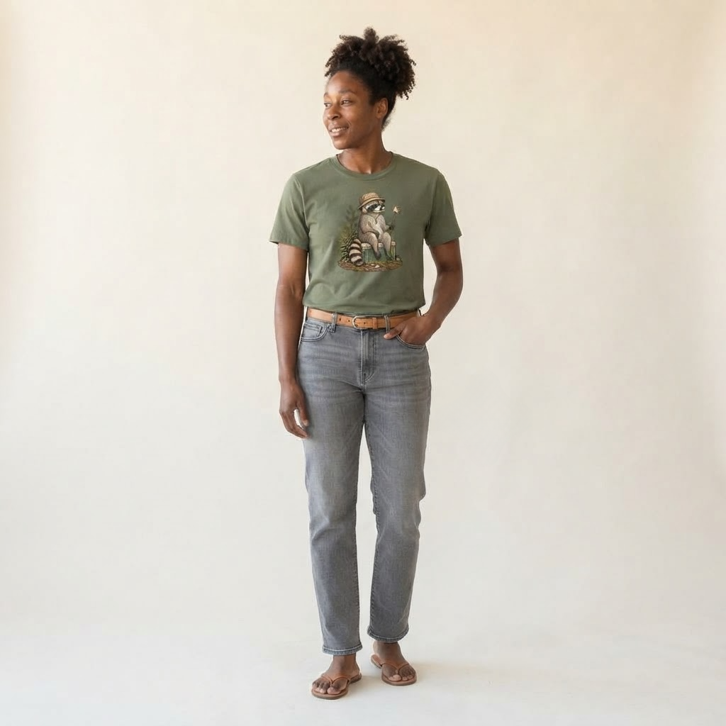Raccoon Marshmallow Slow Camp Club Classic T-shirt – studio model photo