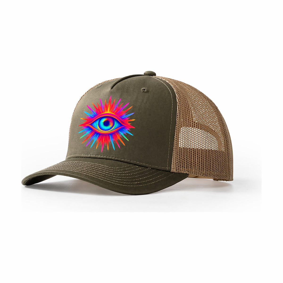 Rainbow Third Eye Prismatic Eye Radiating Spectrum Colors Re Trucker Hat – Olive-Khaki