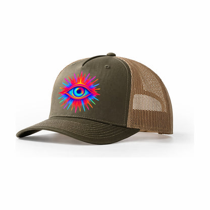 Rainbow Third Eye Prismatic Eye Radiating Spectrum Colors Re Trucker Hat – Olive-Khaki