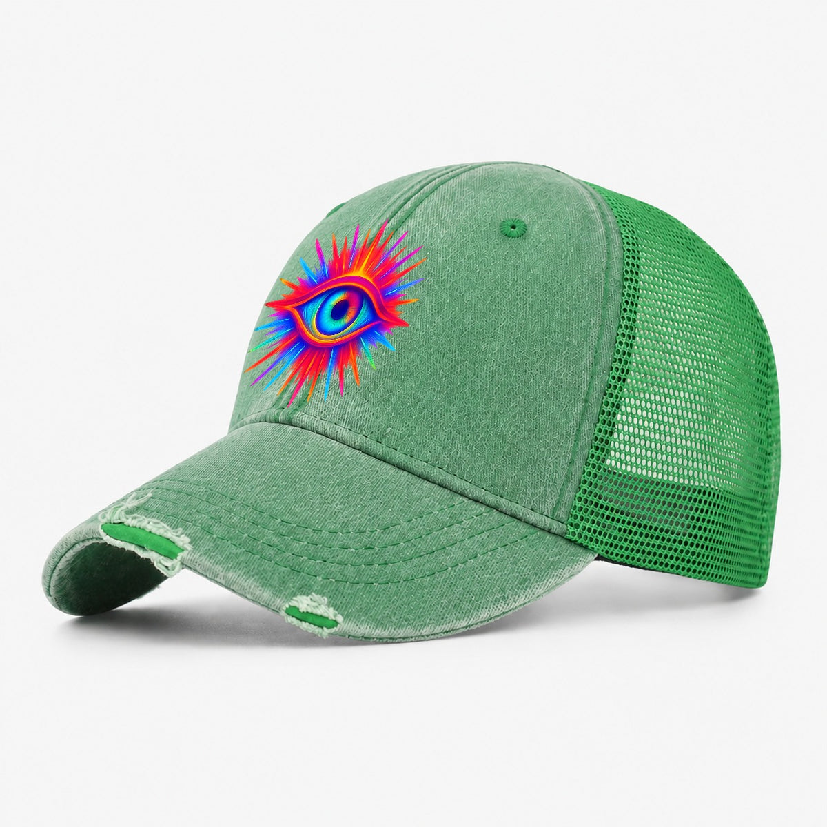 Rainbow Third Eye Prismatic Eye Radiating Spectrum Colors Re Washed Trucker Hat – Ink Green