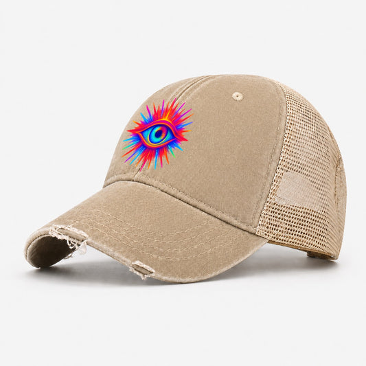 Rainbow Third Eye Prismatic Eye Radiating Spectrum Colors Re Washed Trucker Hat – Khaki