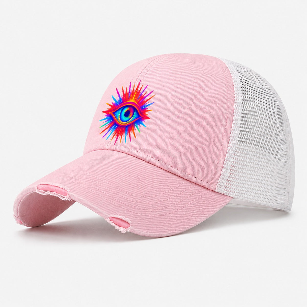 Rainbow Third Eye Prismatic Eye Radiating Spectrum Colors Re Washed Trucker Hat – Light Pink