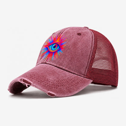 Rainbow Third Eye Prismatic Eye Radiating Spectrum Colors Re Washed Trucker Hat – Wine Red