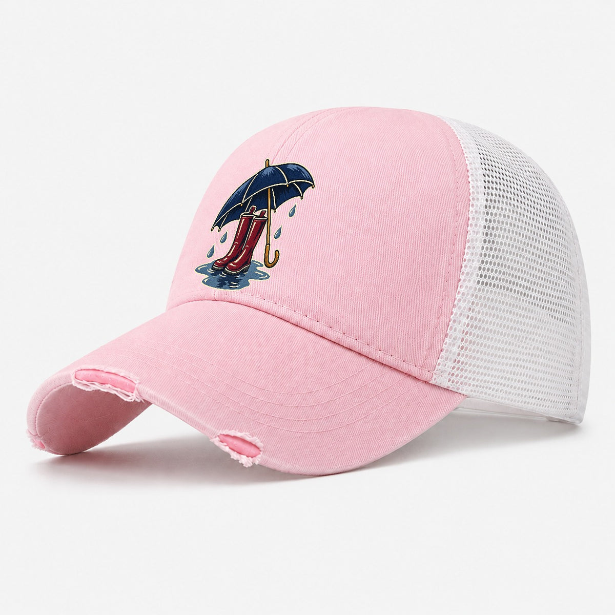 Rainy Day Umbrella And Wellington Boots Uk Culture Heritage Washed Trucker Hat – Light Pink