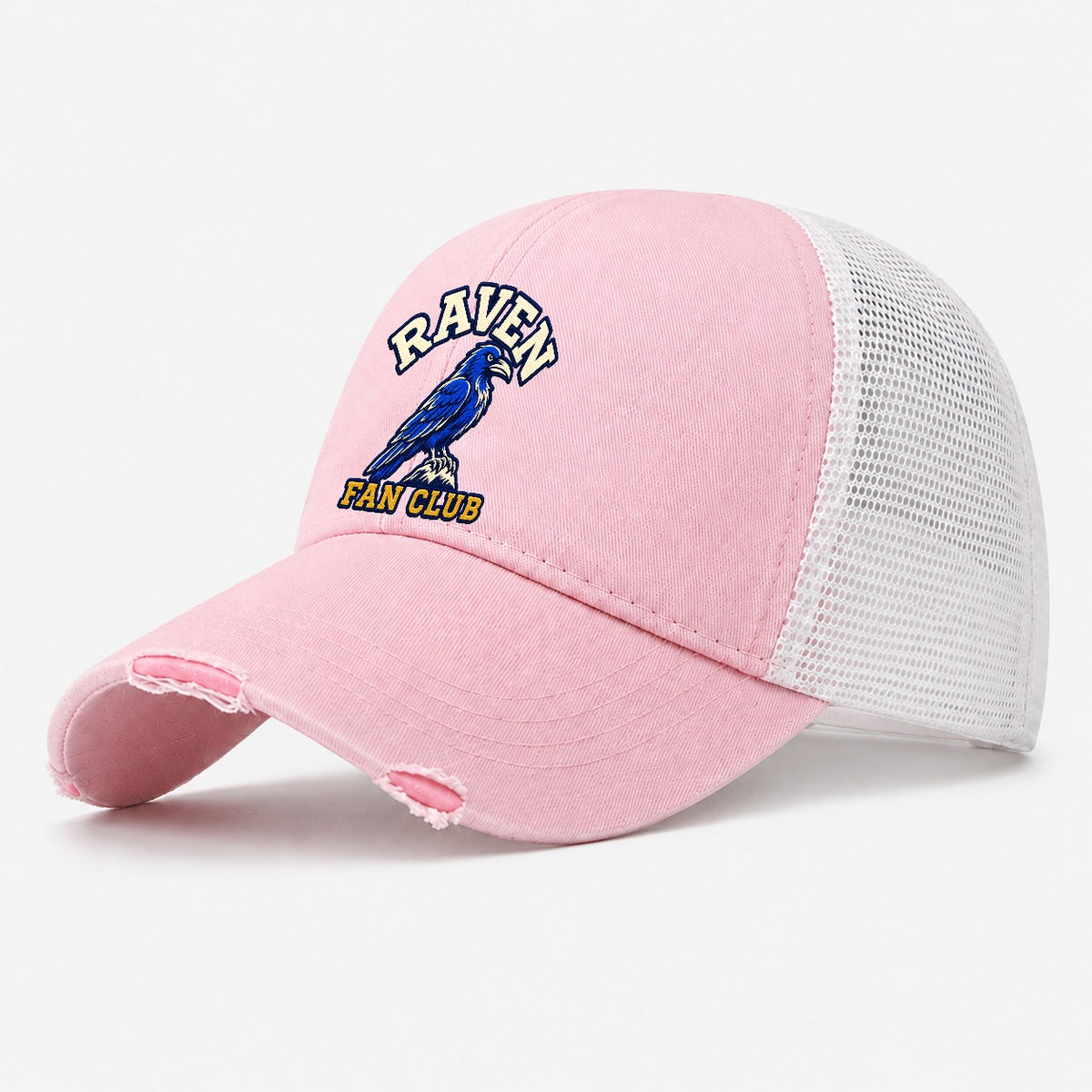 Raven Fan Club Washed Trucker Hat – Light Pink