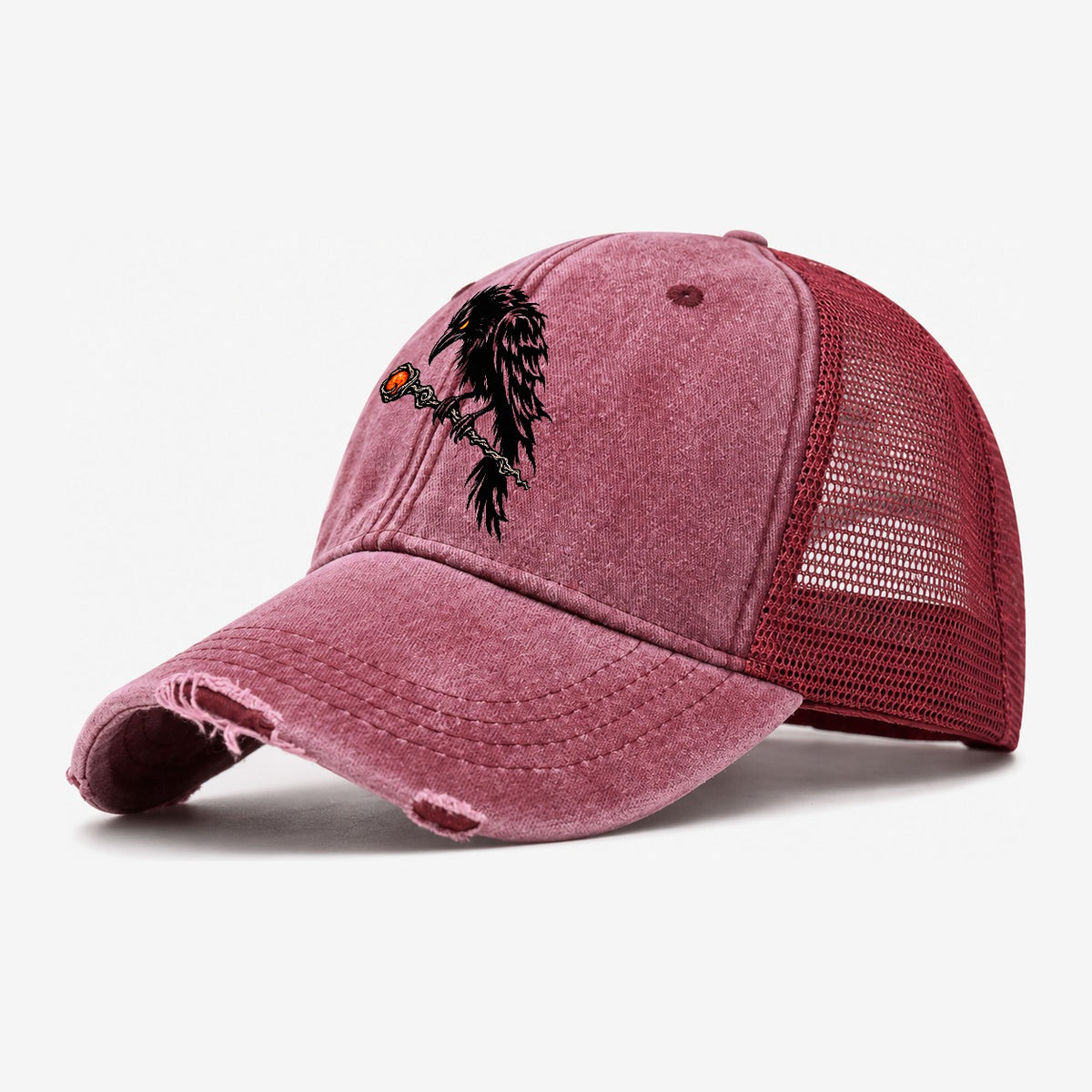Raven Perched On A Wand Witch Magic Washed Trucker Hat – Wine Red
