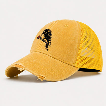 Raven Perched On A Wand Witch Magic Washed Trucker Hat – Yellow