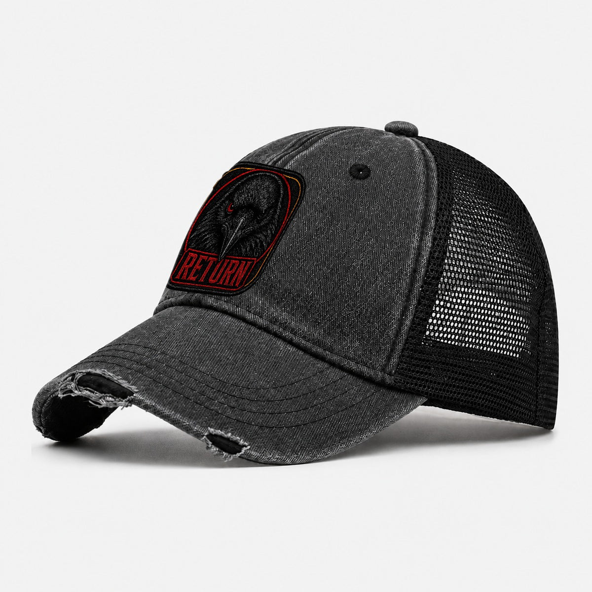 Raven Return Badge Washed Trucker Hat – Black