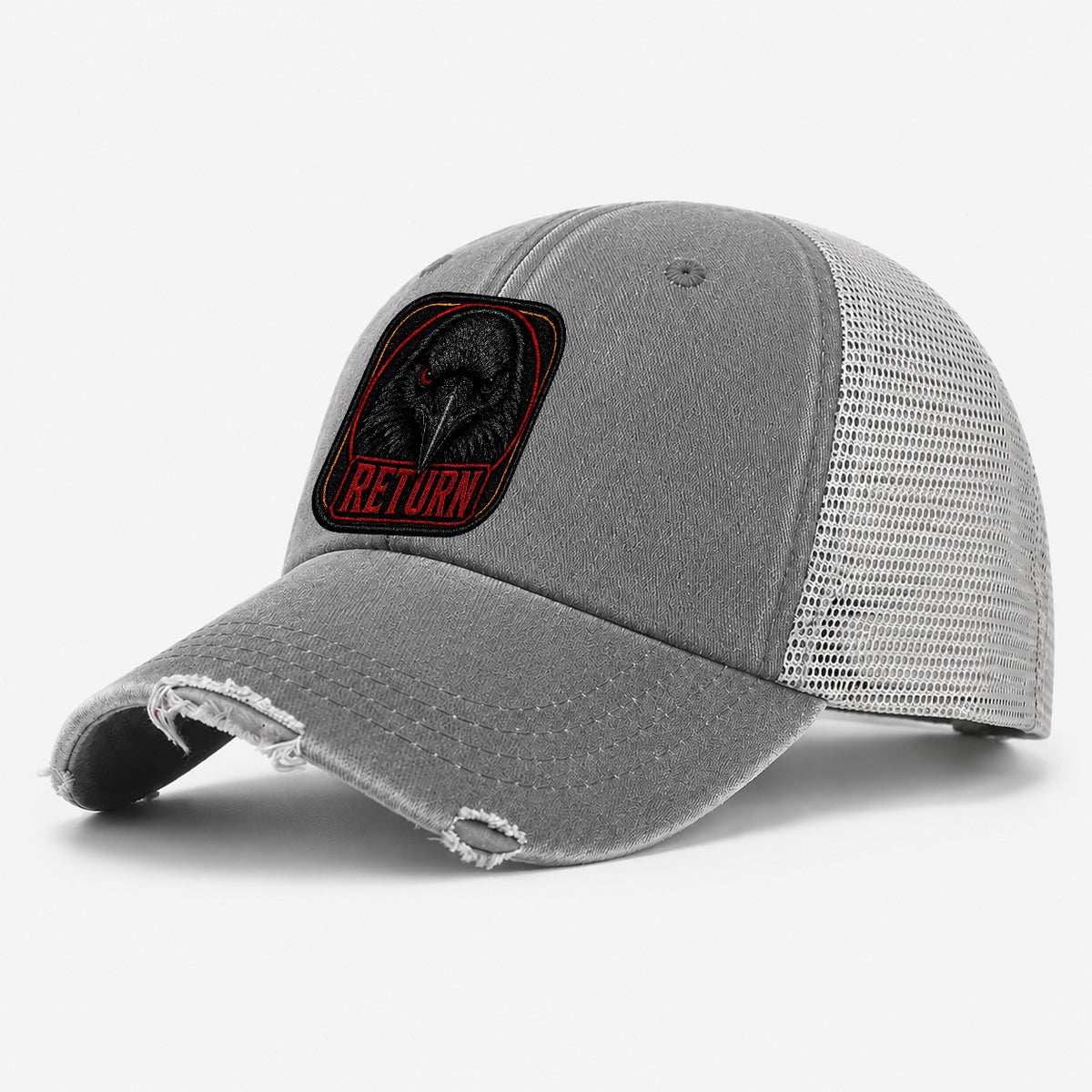 Raven Return Badge Washed Trucker Hat – Grey