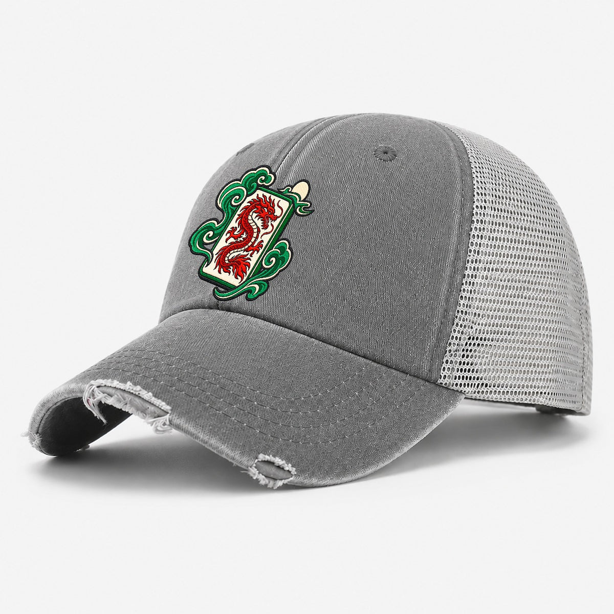 Red Dragon Mahjong Game Night Washed Trucker Hat – Grey