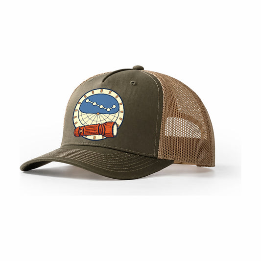 Red Torch And Planisphere Astronomy And Stargazing Trucker Hat – Olive Khaki
