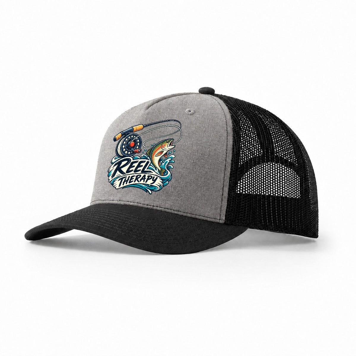 Reel Therapy Fishing Elegant Trucker Hat – Grey Black