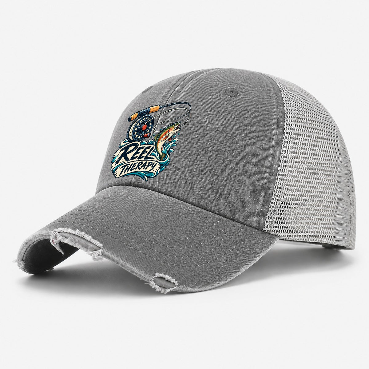 Reel Therapy Fishing Elegant Washed Trucker Hat – Grey