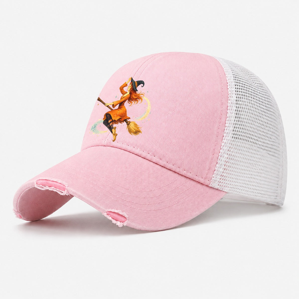 Reimagined Vintage Charm: Enchanting Witch On Broom Washed Trucker Hat – Light Pink