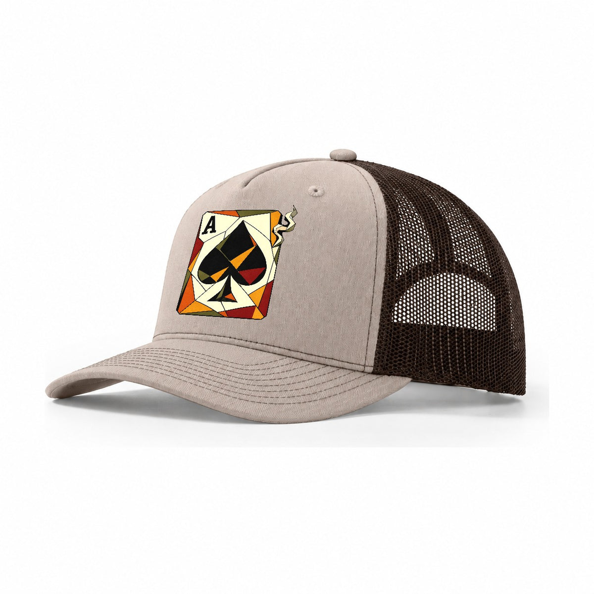 Ace Spades Playing Card Trucker Hat – Khaki Brown