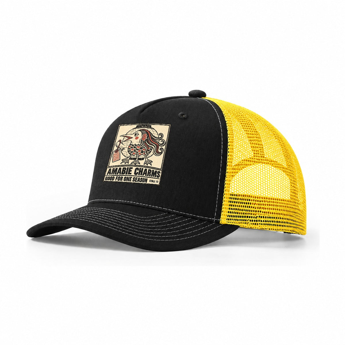 Amabie Charms Yokai Night Market Trucker Hat – Black Yellow