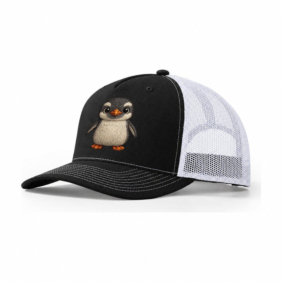 Baby Gentoo Penguin Orange Beak White Cap Bright Eyes Front Facing Energetic Trucker Hat – Black White
