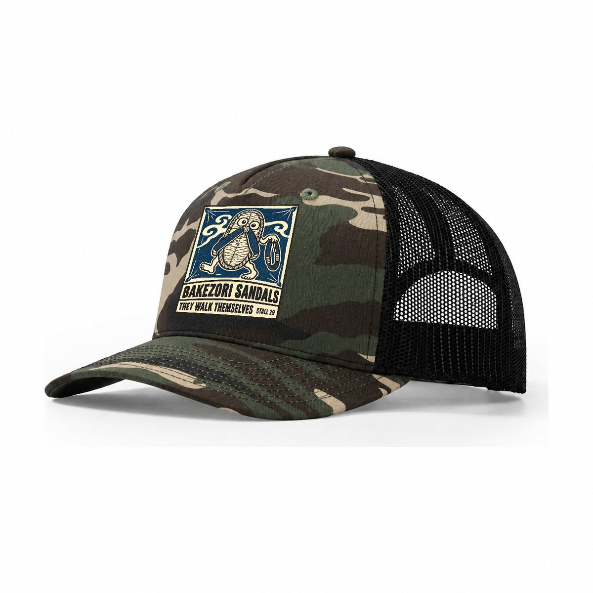 Bakezori Sandals Yokai Night Market Trucker Hat – Woodland Camo Black